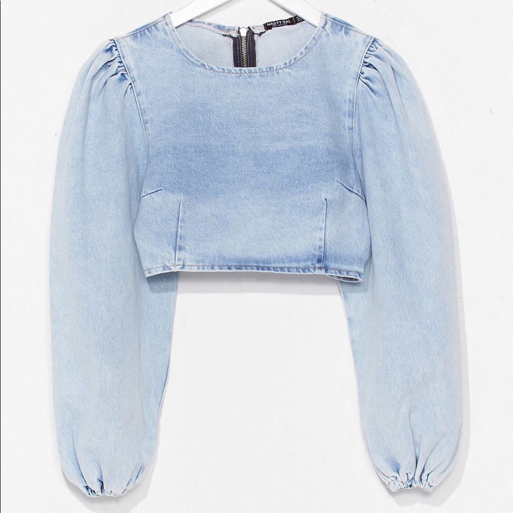 Nasty Gal Denim Balloon Sleeve Crop Top